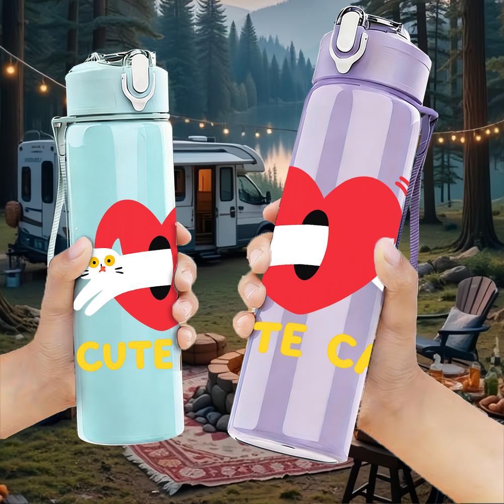 1PC Red Heart Cute Cat Mark 750ml Color Plastic Sports Water Bottle Leakproof Flip Straw Lid For Sports Office Home Use