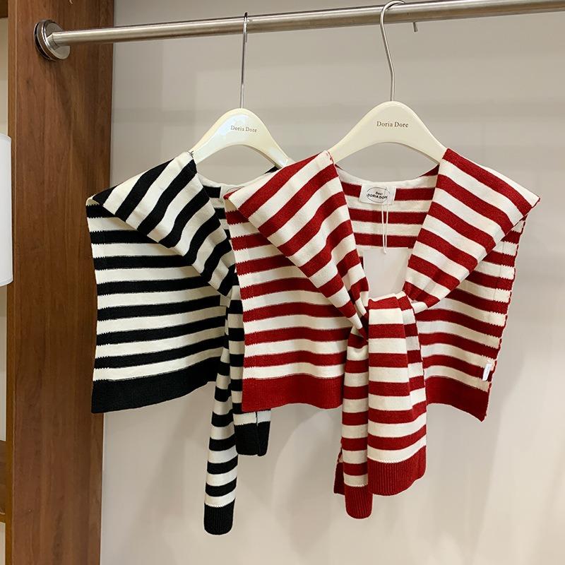 Knitted Striped Wool Shawl Women's Spring and Autumn with Fake Collar Shawl Scarf Versatile Vest