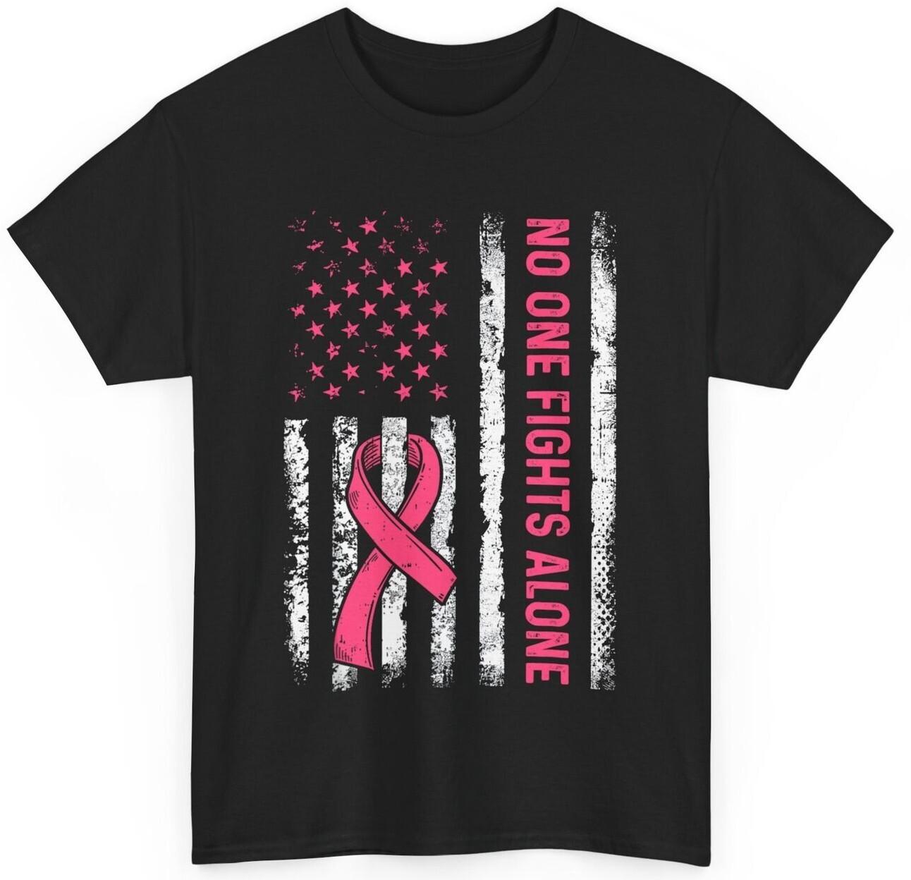 No One Fights Breast Cancer Alone American Flag Pink Ribbon T-shirt XXL