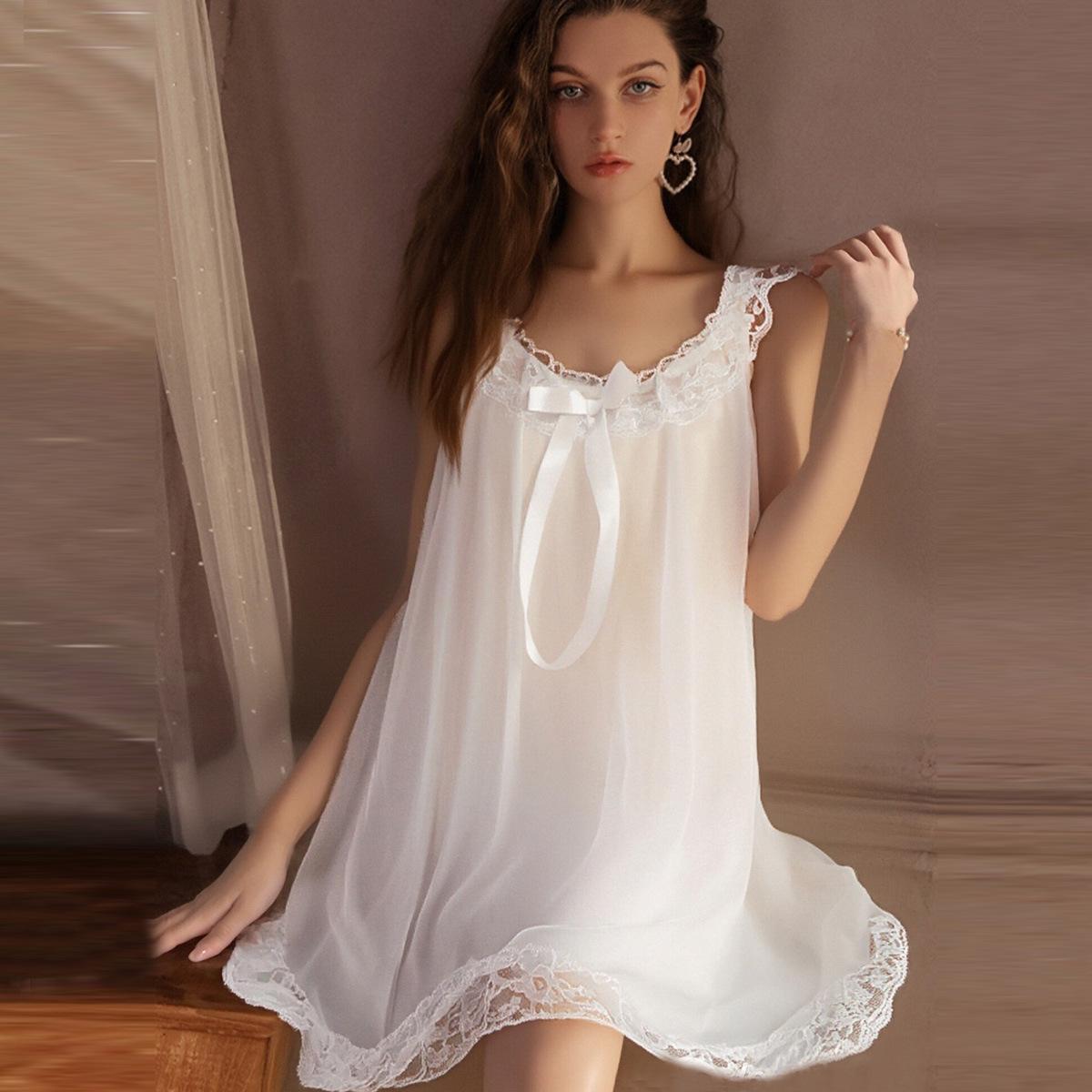 Neues Sommer-Baumwoll-Camisole-Nachthemd mit Schleife - Süßes, Sexy Prinzessinnen-Pyjama für Damen M weiß