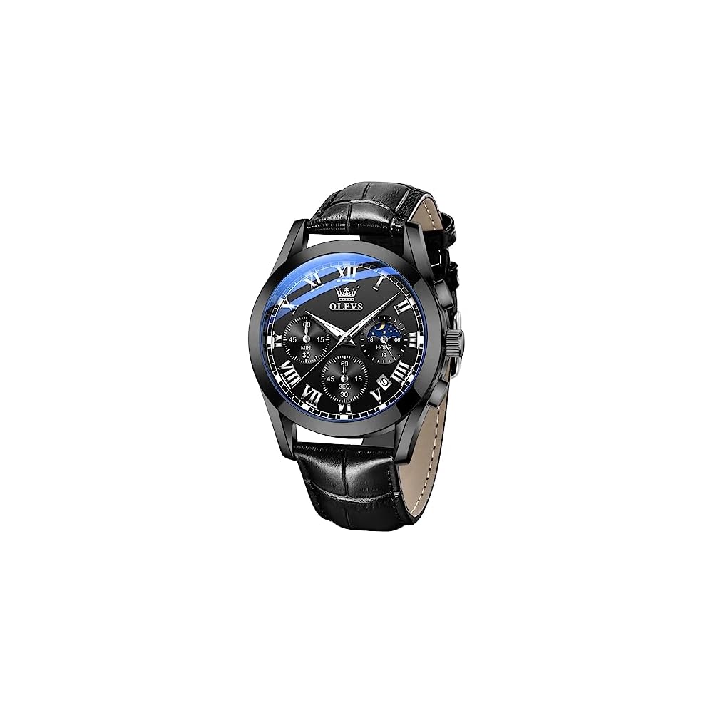 OLEVS Men s Analog Quartz Watch Waterproof Lightweight Brown Leather Strap Date Day Black