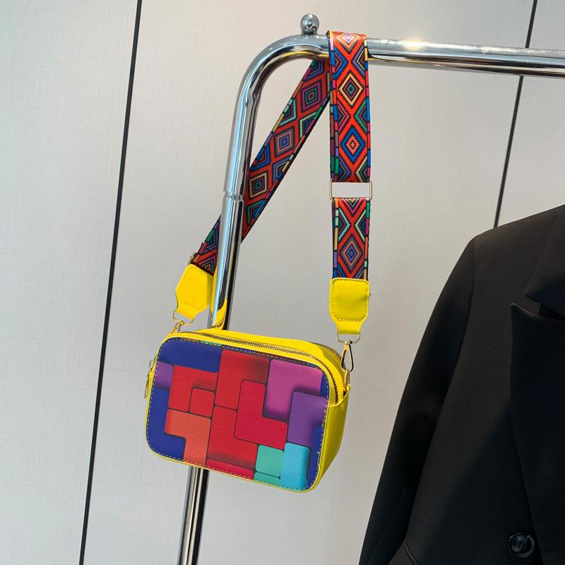 2025 Herbst neue Mode kariert kontrastfarbig Schulter Umhängetasche lässiger breiter Schultergurt hochwertig kleine quadratische Tasche