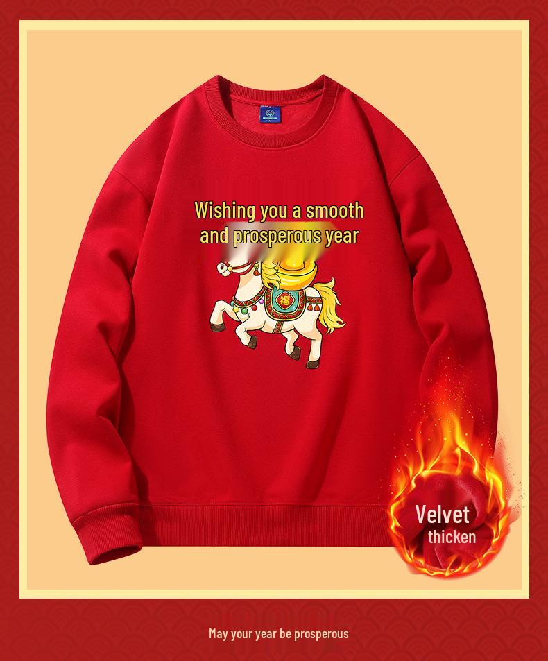 2026 Year of the Horse Red Zodiac Hoodie Fleece-Lined Loose Fit Long Sleeve Men's Clothing