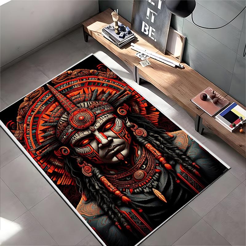 Area Rug, Aztec Mayan Warrior Face Tribal Tattoo Red Headdress Print, Living Room Decor, Non-Slip Mat