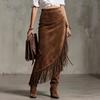 Solid Color Faux Suede Fringe Skirt Women'S High Waist Asymmetrical Western Boho Skirt