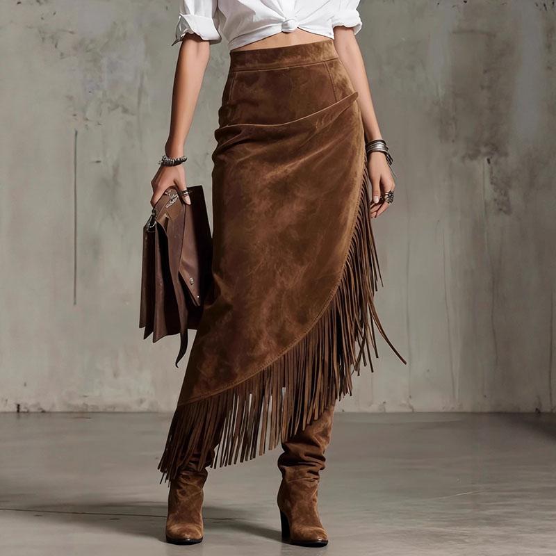 Solid Color Faux Suede Fringe Skirt Women'S High Waist Asymmetrical Western Boho Skirt