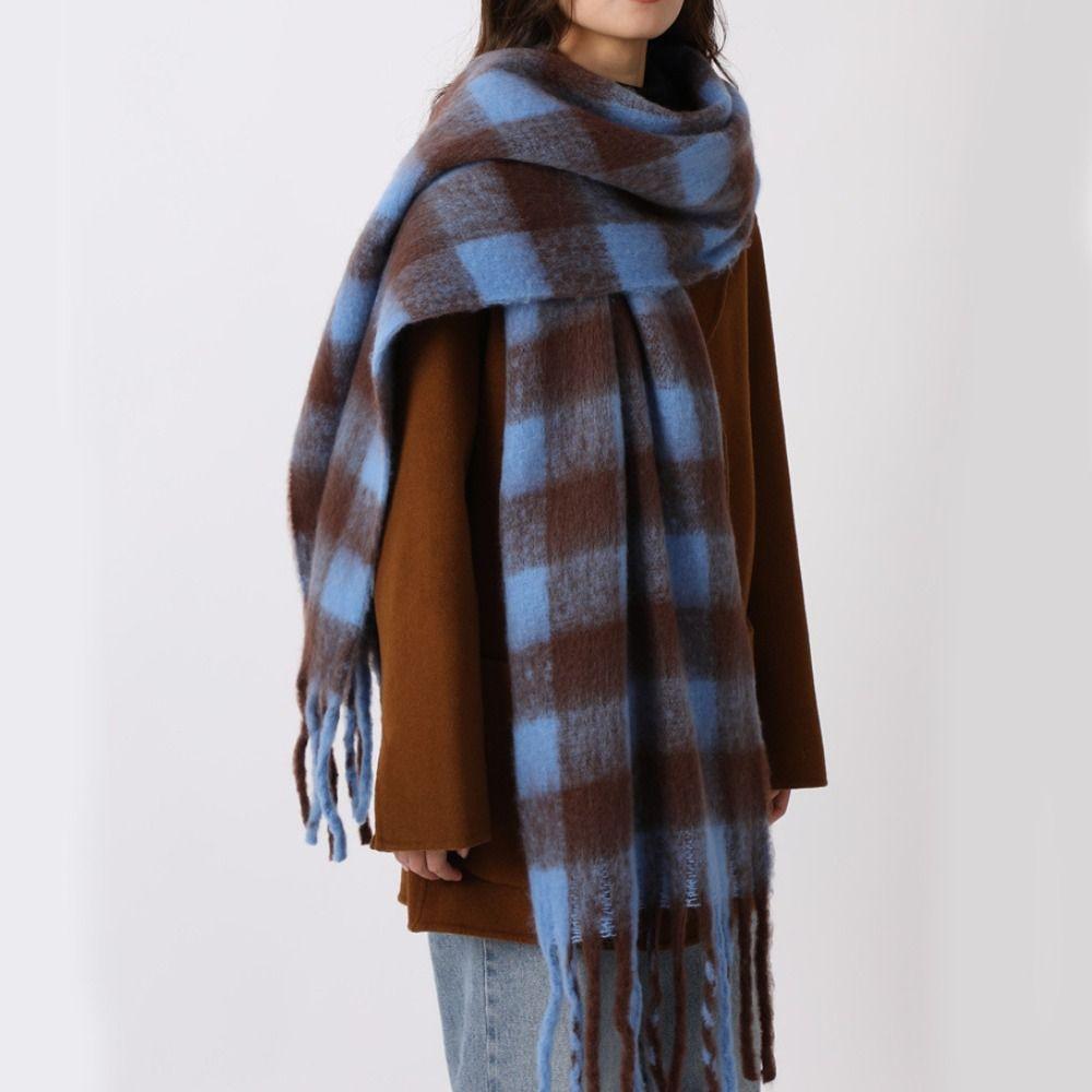 Tassel Plaid Wool Scarf Plush Long Shawl Simple Winter Cashmere Scarves  Student