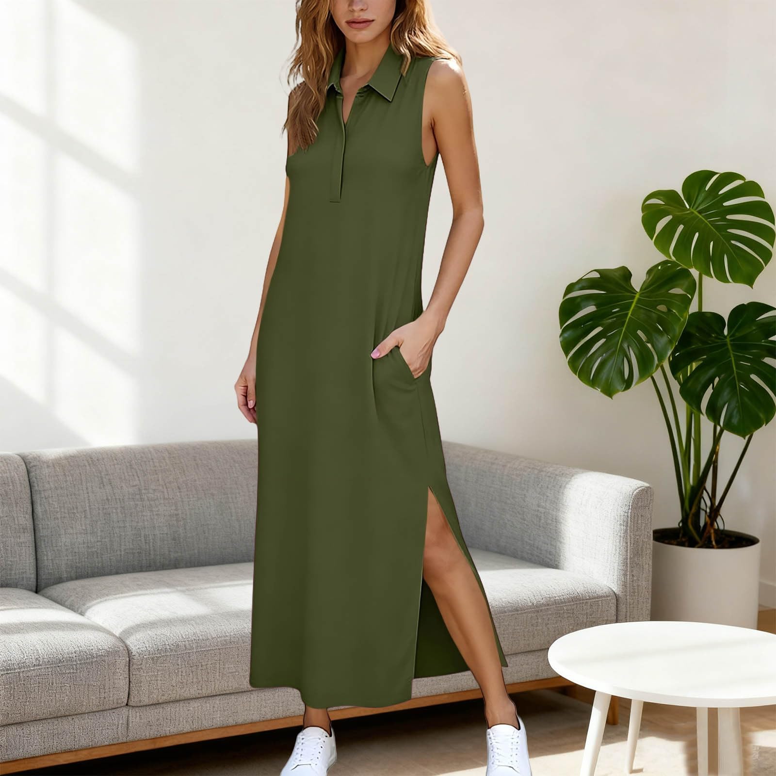 Women’s Fashion Casual Plain Sleeveless Loose-Fit Slit V-Neck Collared Dress With Pockets L армия зеленый