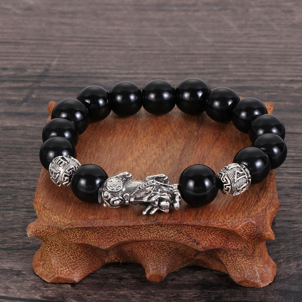 Gifts Good Luck Cuff Bangle Attract Wealth Black Obsidian Wristband Feng Shui Bracelet Silver PiXiu