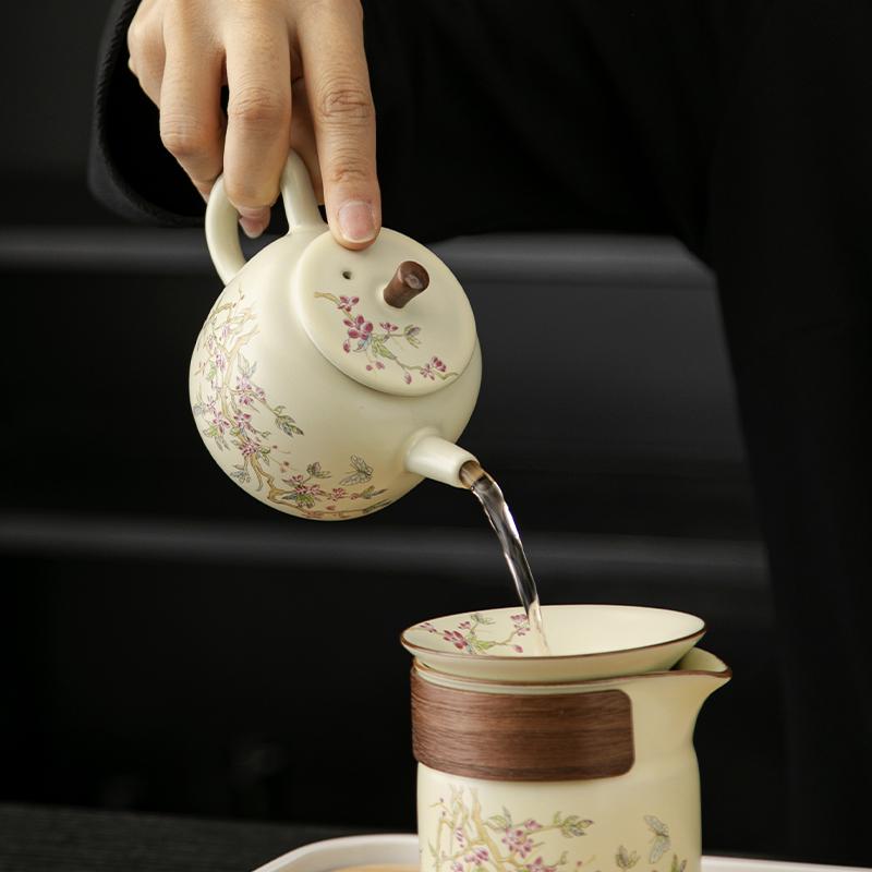 Chinese Traditional Ru Kiln Ceramic Teapots Handmade Flowers Pattern Tea Pot Beauty Tea Infuser Kettle Portable Tea Set Teaware