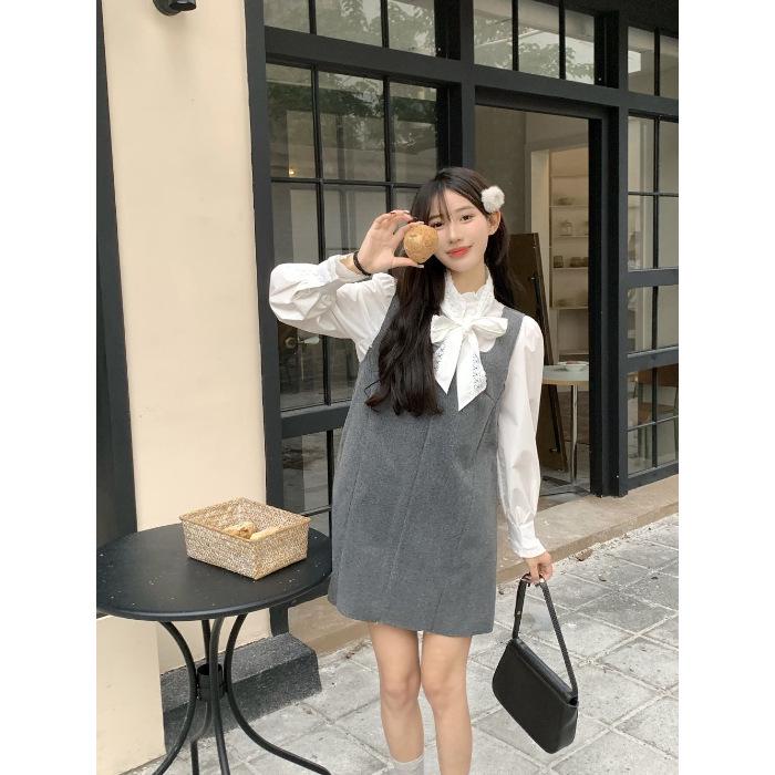 Gray Square Neck Layered Suspender Dress for Women - Autumn/Winter 2023 Collection