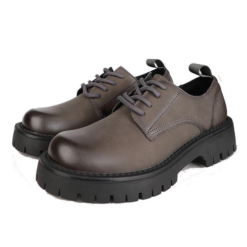 Men's Korean Fashion Casual Leather Lace-up Round Toe Shoes with Thick Sole - Business and Retro Style