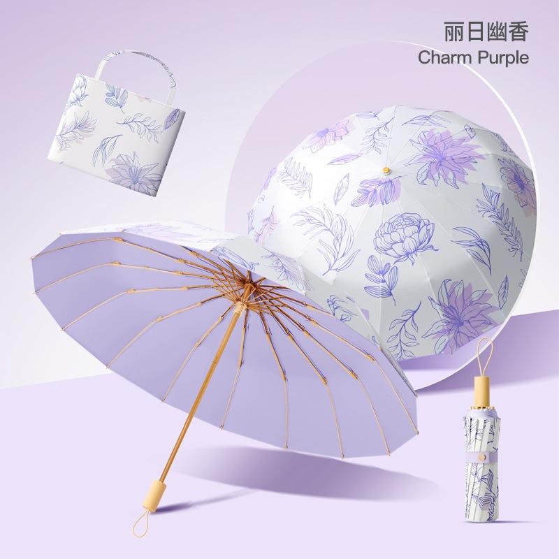 Spot three-fold retro color glue printed 16-bone parasol female weather and rain dual-purpose anti-ultraviolet folding sun umbrella