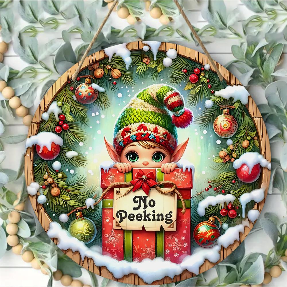 Christmas elf no peeking design Round Wooden Hanging Plaque festive pine wreath wall sign farmhouse indoor outdoor holiday party decor