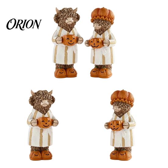 Spooky Seasonal Tiered Tray Decor Halloween Highland Cow Figurine, Resin Statue with Pumpkin Mug, Farmhouse Table Fall Tabletop for Home Kitchen Shelf
