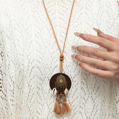 Zen Wooden Long Ethnic Style Necklace With Diamond Shell Fringed Retro Bohemian Braided Rope Necklace