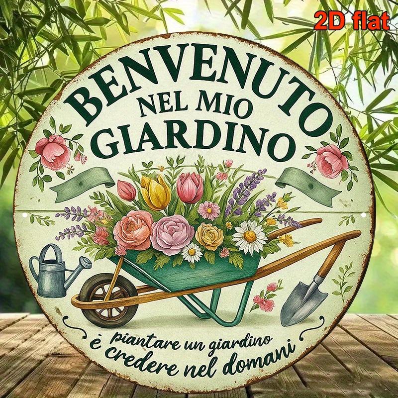 Vintage Benvenuto Nel Mio Giardino Metal Tin Sign Retro Floral Garden Wall Decor for Patio Yard Home