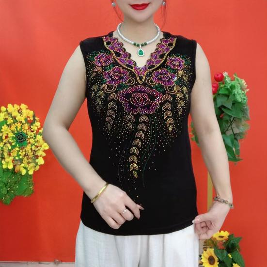 Women Summer Tops V-Neck Sleeveless Loose Fit Tank Tops Hot Drill Flower
