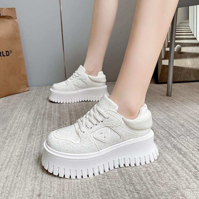 Small man thick-soled little white shoes women's rhinestones autumn new versatile muffin sole casual shoes sports board shoes
