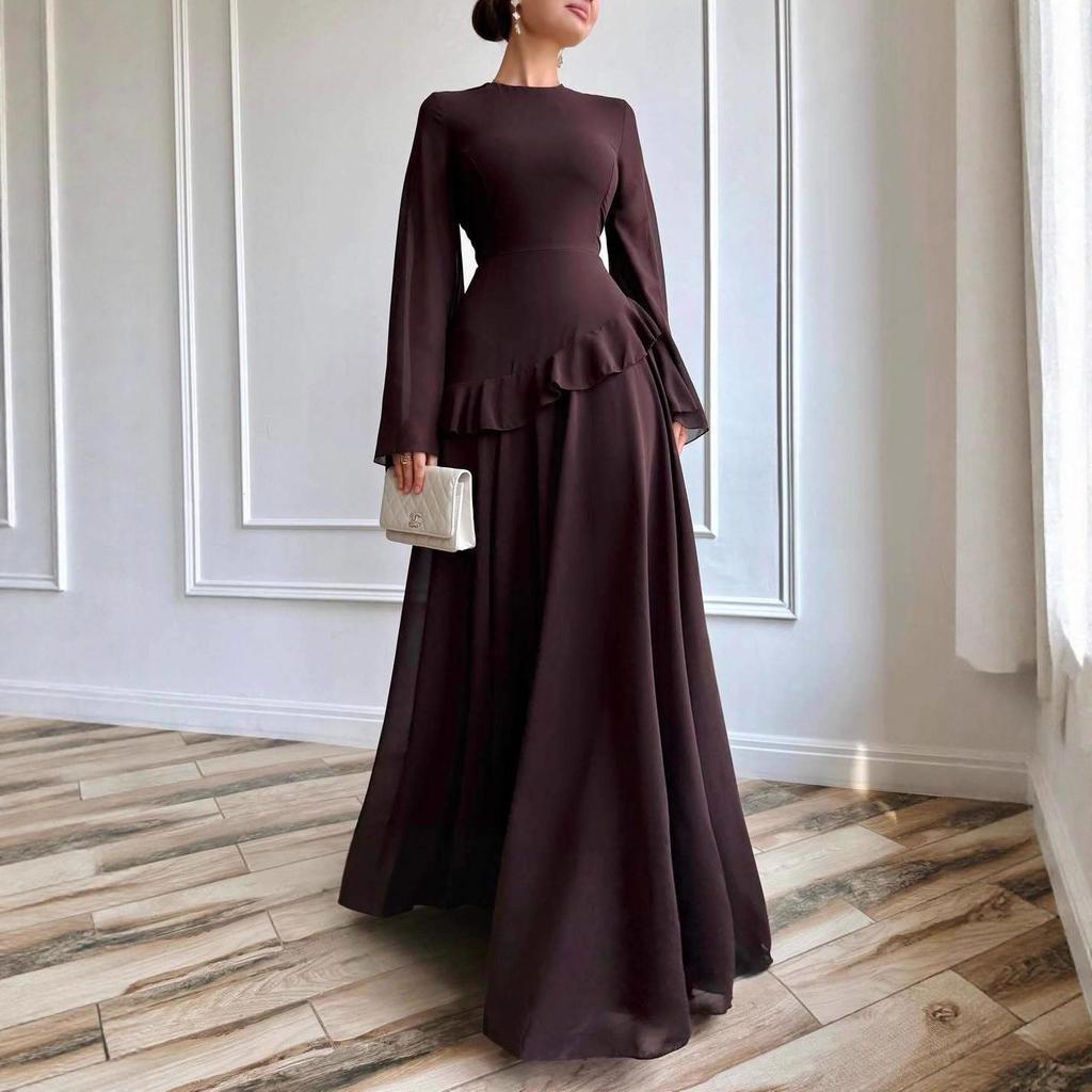 2025 Autumn High-Waist Satin Evening Dress - Round Neck, Long Sleeve, Elegant Maxi