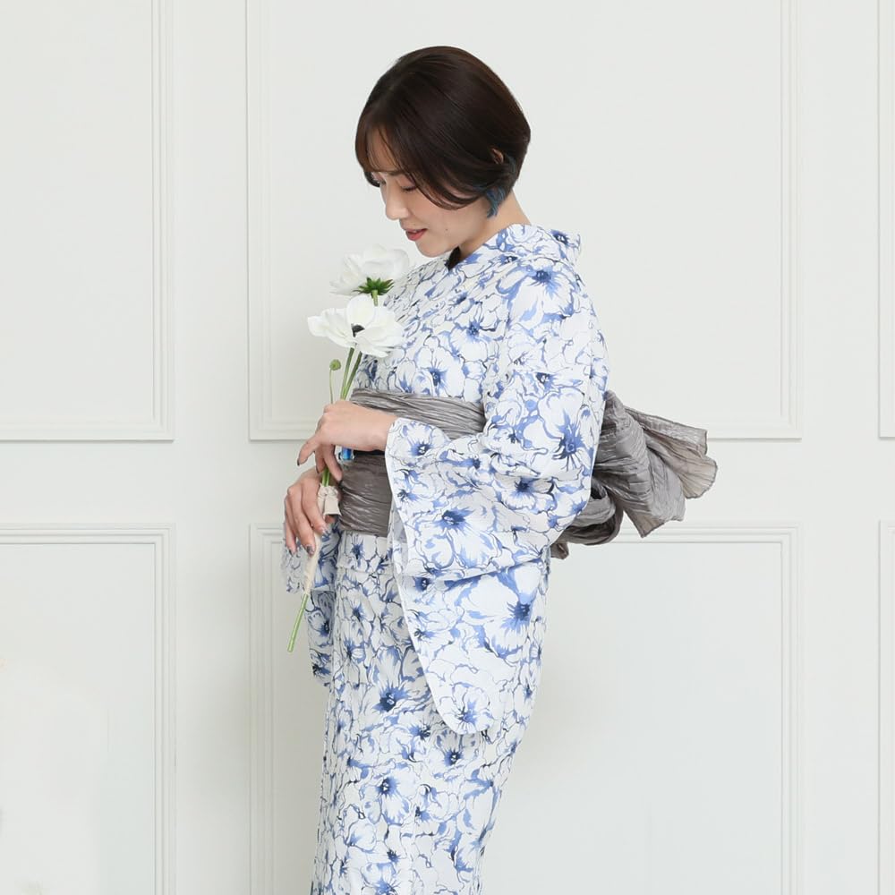 [Kyoto Kimono Yuzen] Women's Yukata Set with Heiko Obi (2-piece set) Floral Pattern Summer Kimono Cotton Koubai (Blue)