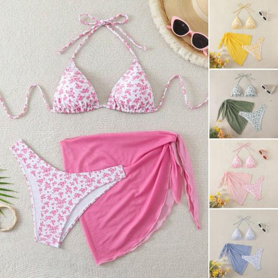 3-tlg./Set Damen Blumenmuster Bikini-Set Neckholder Gepolstert Ohne Bügel BH Schnelltrocknend Badehose Unifarben Überwurf Rock Set Sommer Strandmode
