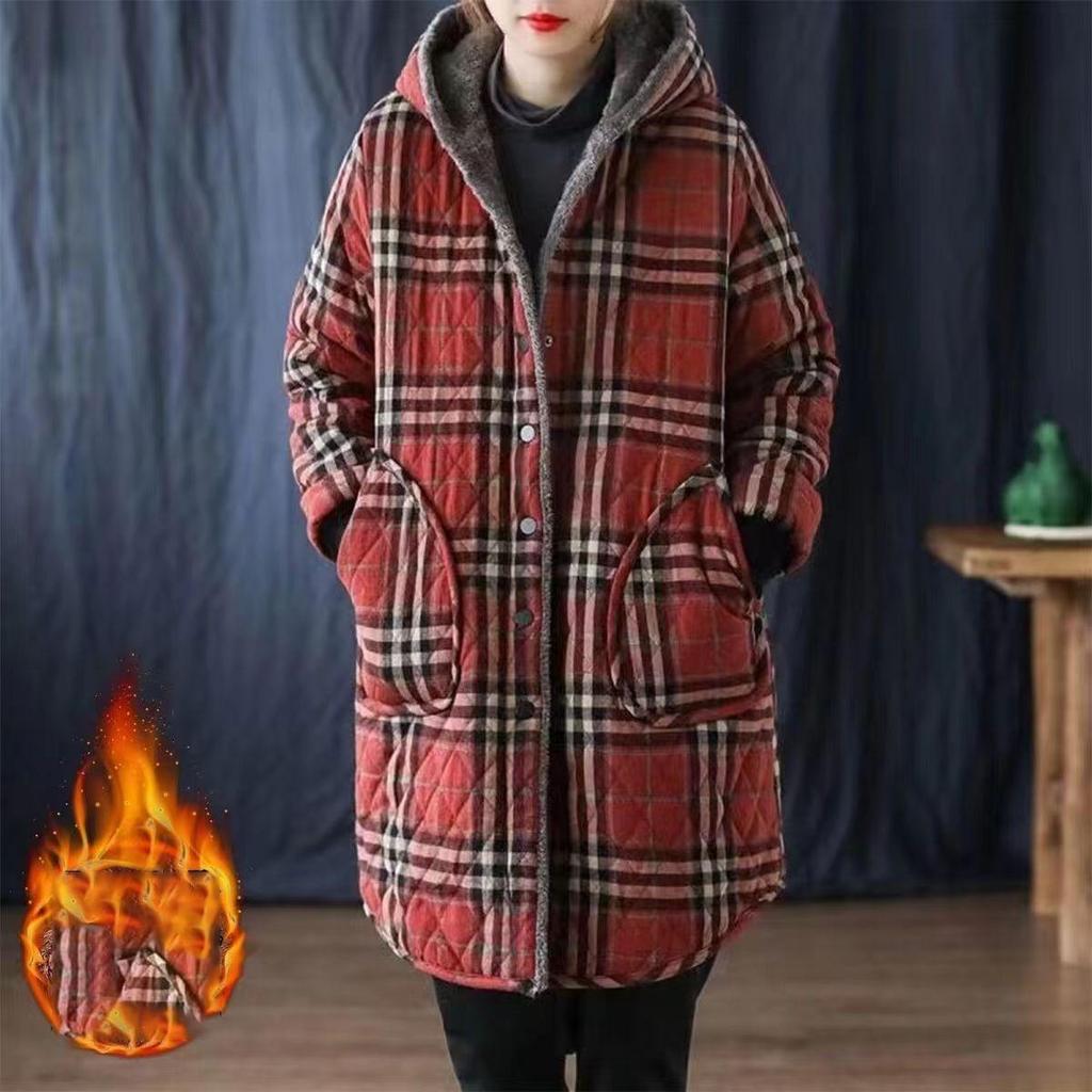 Giacca di Cotone a Righe Autunno Inverno Donna Caldo Peluche Ispessito Cappotto con Cappuccio Moda Largo Femminile Casual Soprabito Lungo