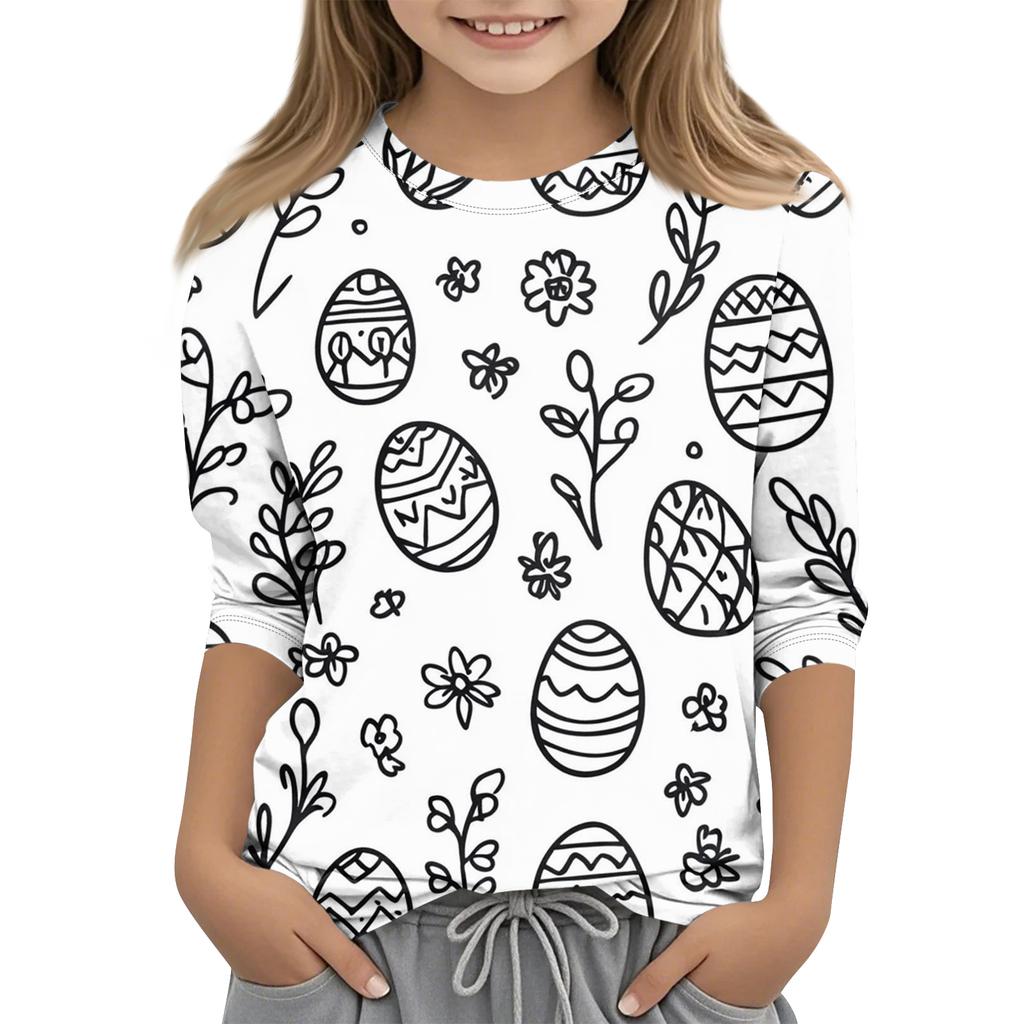 Children's Easter Printed Round Neck Seven Quarter Sleeve Casual T-shirt