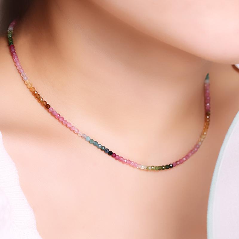 Gradient Ultra-Fine Natural Small Tourmaline Necklace for Women, Summer Collarbone Chain, Rainbow Choker, Colorful Crystal, New Chinese Style