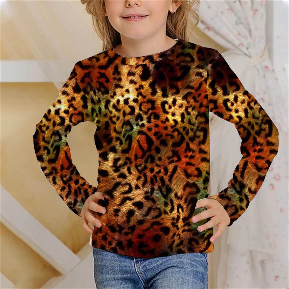 Animal Tiger Skin Children's 3D Digital Printing Girl Fashion Trend Round Neck Long Sleeved T-shirt