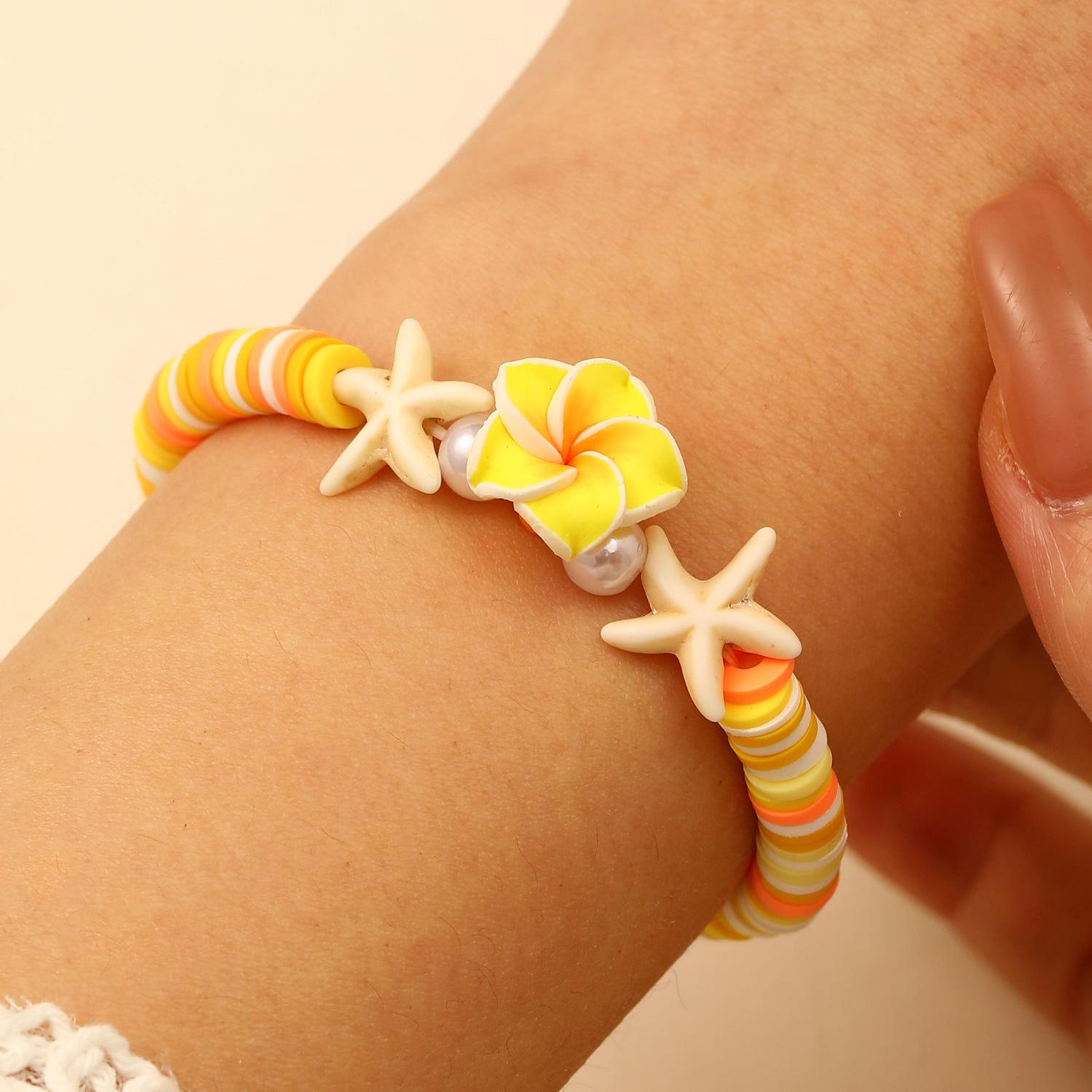 

2025 Браслет в стиле колледжа, цветной, из мягкой полимерной глины, с морскими элементами, набор: пятилепестковый цветок, морская звезда, круглые бусины, эластичный браслет