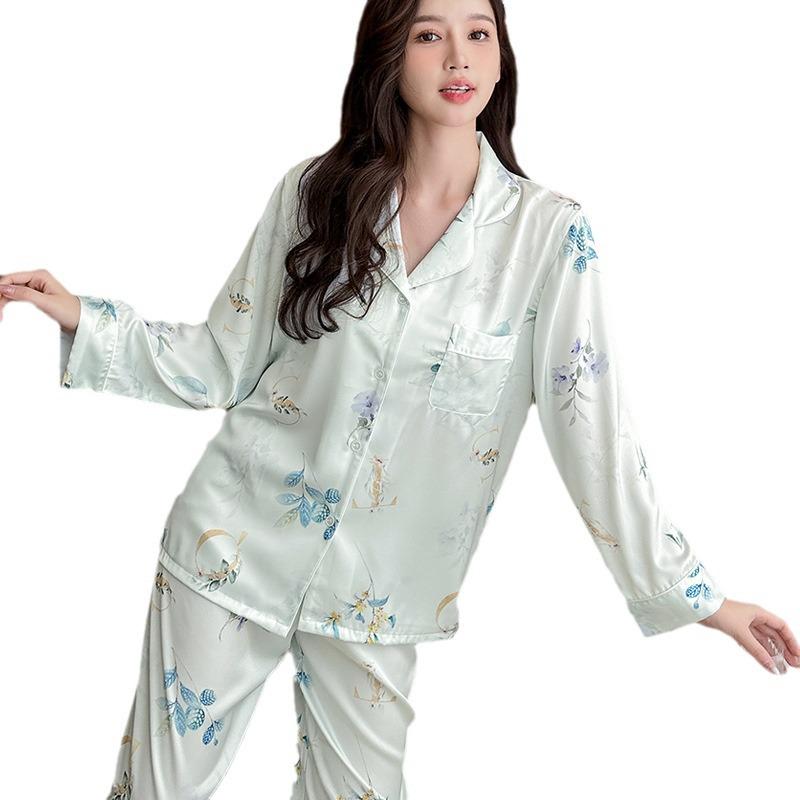 2026 Women's Plus Size Long Sleeve Printed Pajamas, Chinese-Inspired, Ice Silk, Versatile for Home or Outside