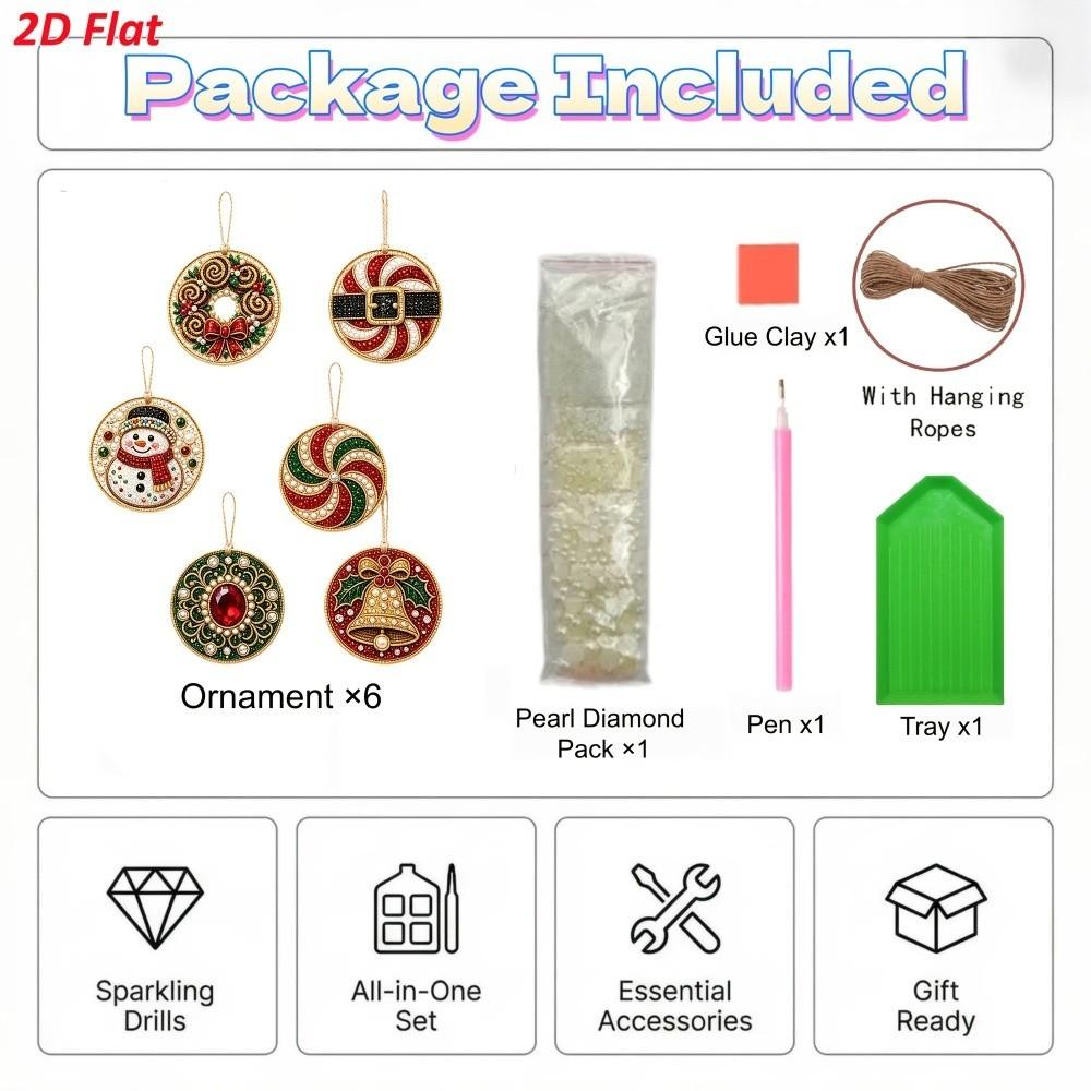 6pcs DIY Craft Pearl Diamond Painting Kit 2D Flat Wooden Tag Pendants New Year Gift