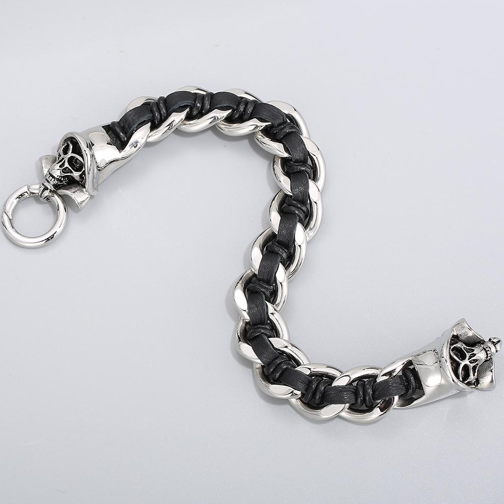 Punk Rock Skull Skeleton Wrist Armband Herr Svart Läder & rostfritt stål Manschettarmband för män Goth Bikers Smycken