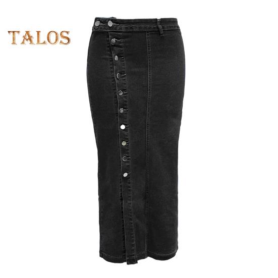 

Женская джинсовая юбка с высокой талией, планкой на пуговицах, однотонная юбка миди с неровным разрезом, юбка длиной до середины икры XXL чёрный