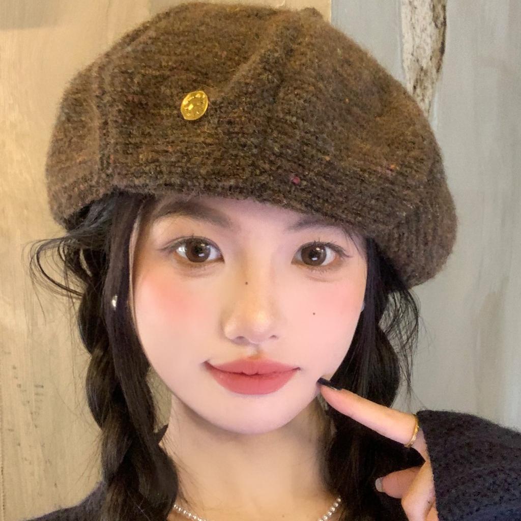 Maillard Coffee Color Knitted Beret for Women in Autumn and Winter Small Face  Large Head Circumference  Warm and Versatile Cloud Painter Hat