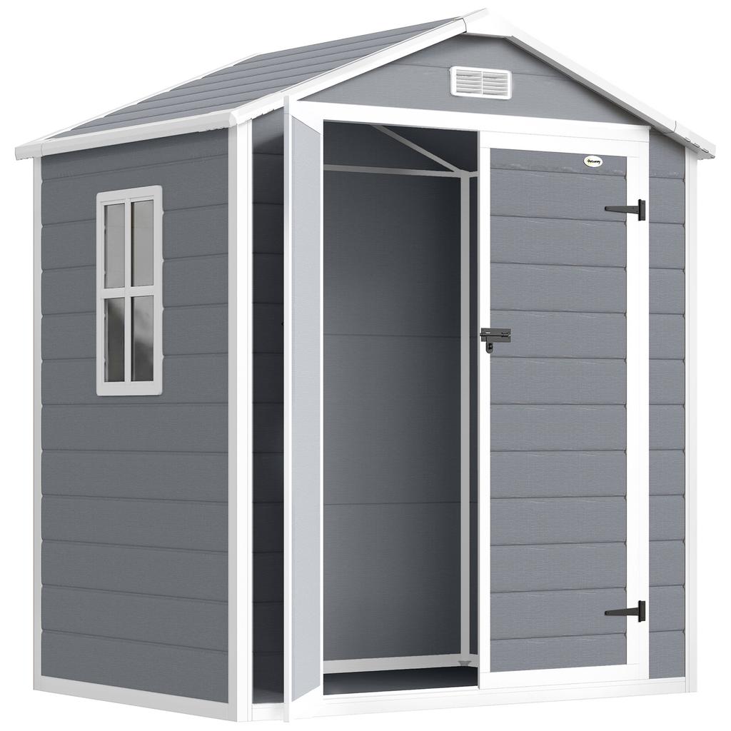 6'x4.5' Garden Storage Shed, Lockable Garden Shed with Double Doors, Window, Vent and Plastic Roof, Grey