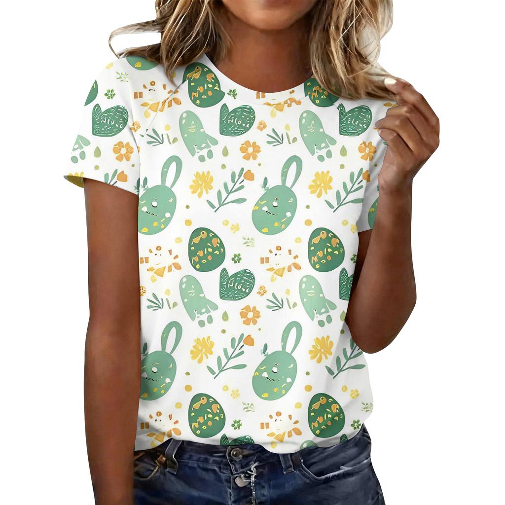 Women's Fashionable Casual Short-Sleeved Raglan Sleeve Easter Print T-Shirt Top