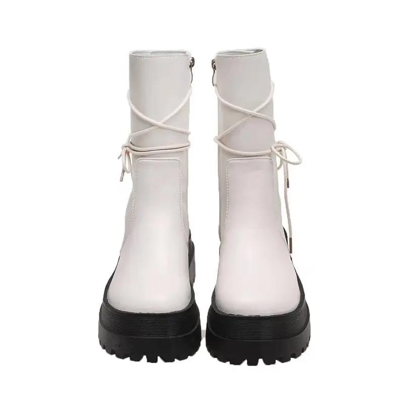 Fashion Soft Leather Thick Sole Women's Boots New Short Boots Women's Shoes Side Zipper Rider Boots Back Lace-Up Middle Boots