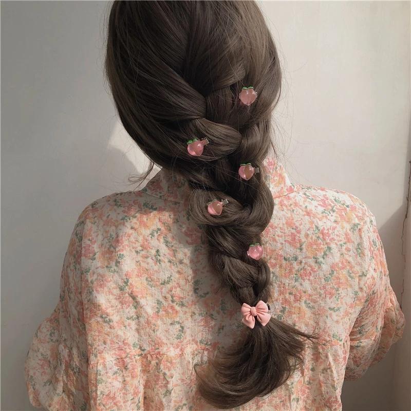 5Pcs Cute Girls Pink Rose Flower Heart Bow Peach Mini Hairpin Sweet Hair Braiding Clip Hair Styling Bobby Pin for Women