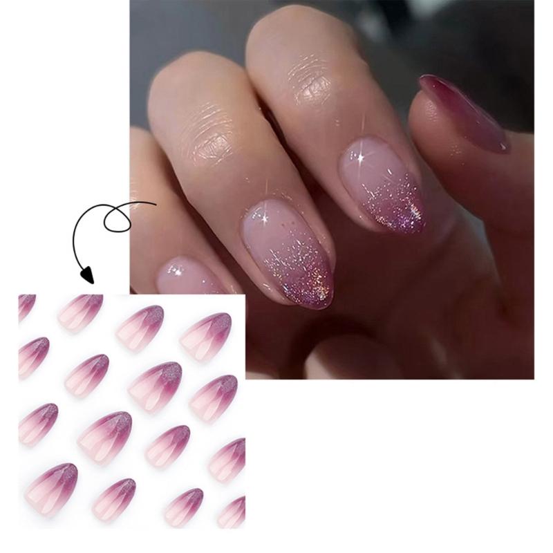 24 Pezzi Unghie Finte Press On French Tip Corte Gradiente Viola Scintillante Forma Mandorla Unghie Finte da Incollare sulle Unghie per Donne Regalo
