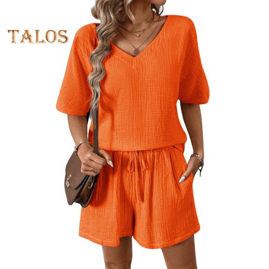 

Женский повседневный наряд из 2 шт./компл., футболка с v-образным вырезом и короткими рукавами, эластичная резинка на талии, широкие шорты, комплект, сплошной цвет, тканевый наряд с морщинами XL