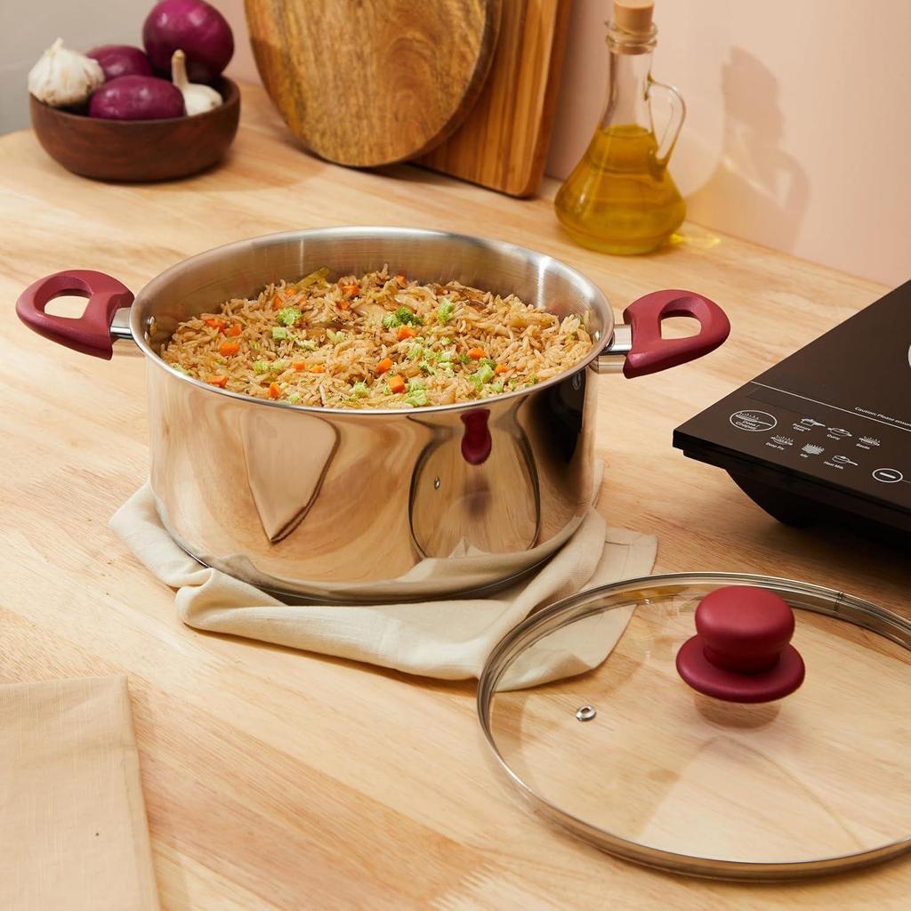 Stainless Steel Casserole with Glass Lid | Impact-Forged Bottom | Soft-Touch Handle | Dishwasher-Safe | 24 Cm, 5 L | Silver