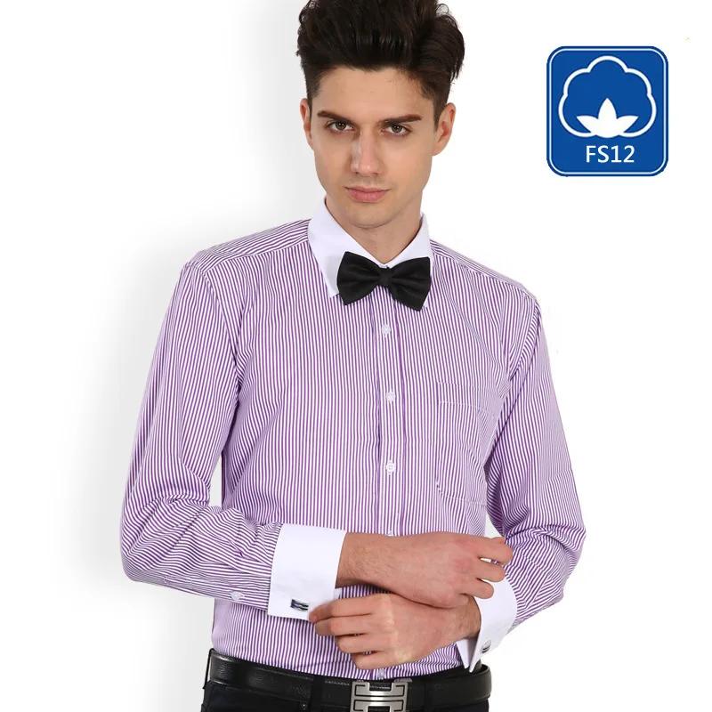 Męska koszula z długim rękawem w stylu francuskim, modna zapinana na guziki, biały kołnierzyk, luźny krój, plus size, biznesowa casual, koszula w paski