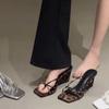 Open-toed Wedge Heel Pinch Flip-flops Shoes Women's Shoes Wear 2025 Summer High-heeled French Sandals Leopard Print Sandals