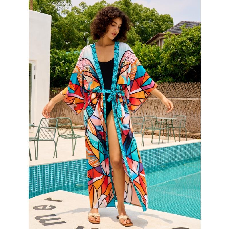 

Женская мода весна осень цветные блоки принт длинный рукав V-образный вырез свободная талия повседневные платья Size: One Size