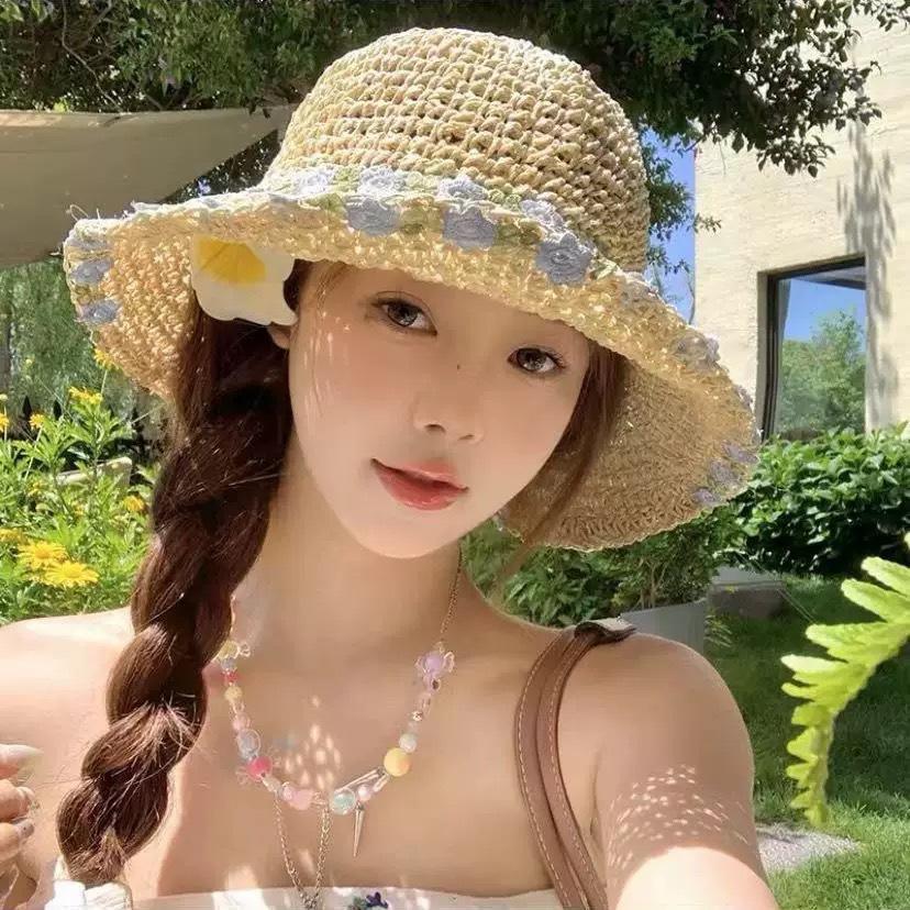 Summer Large Brimmed Raffia Bow Hand Woven Seaside Beach Hat Sun Protection Face Sun Protection Straw Hat