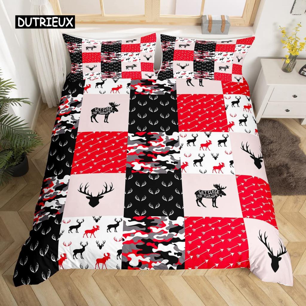 Camo Deer Duvet Cover Set Antlers Arrow Pattern Bedding Set Stripes Gird Camouflage Comforter Cover Microfiber King Quilt Cover