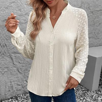 Spring Autumn Stand Collar Lace Patchwork Loose Casual Blouse Women Long Sleeve Buttons Cardigan Shirt Top