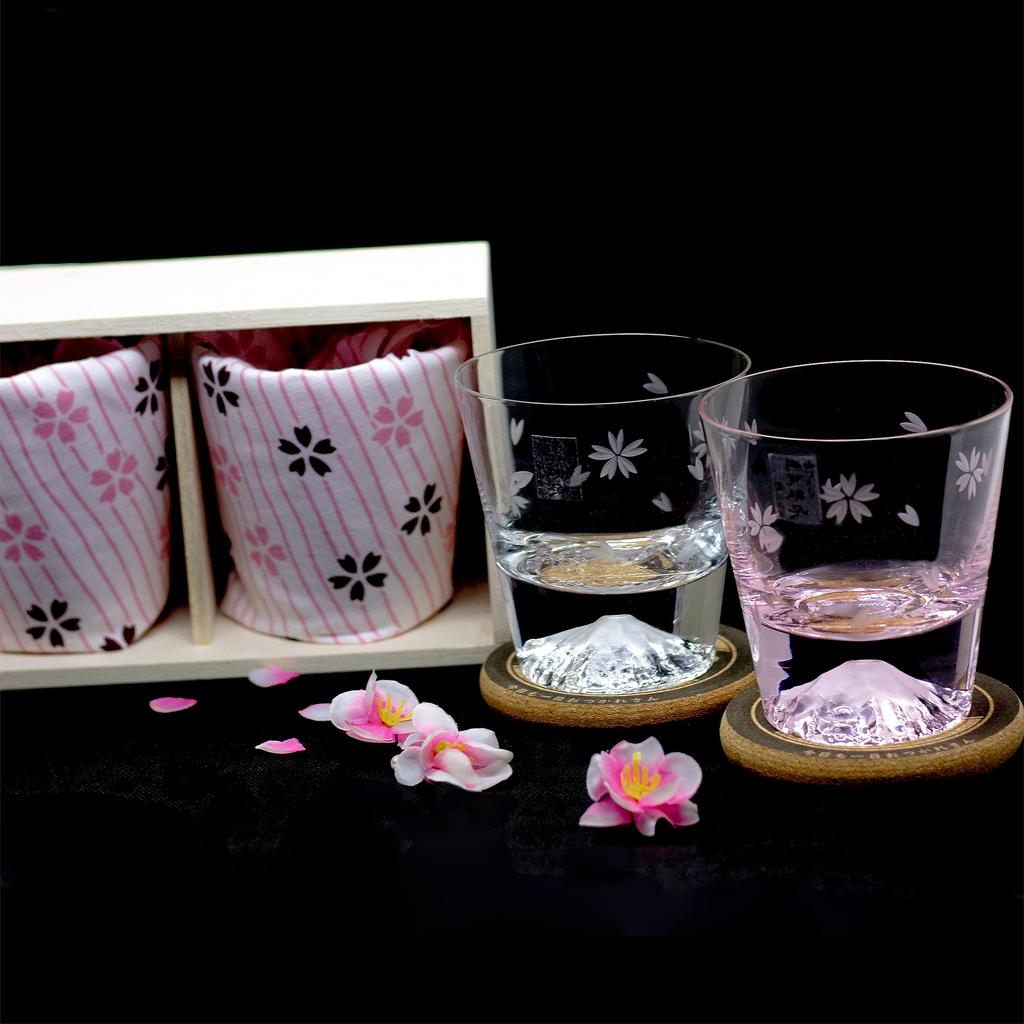 Tajima Glass Handcrafted Japanese Fuji Rocks Glass Sakura Kiriko and Wrapped In Sakura Furoshiki Includes Perfect for Respect for the Aged and [Gift]